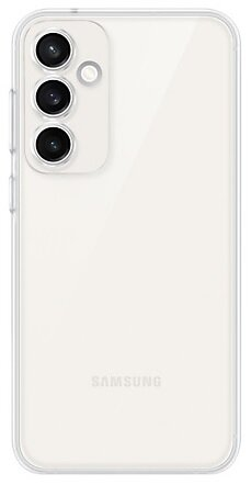 Tył białego telefonu Samsung z trzema obiektywami aparatu. Telefon jest w przezroczystym etui.