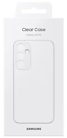 Przezroczyste etui na telefon w pudełku, z nazwą Samsung i Galaxy S23 FE, białe tło.