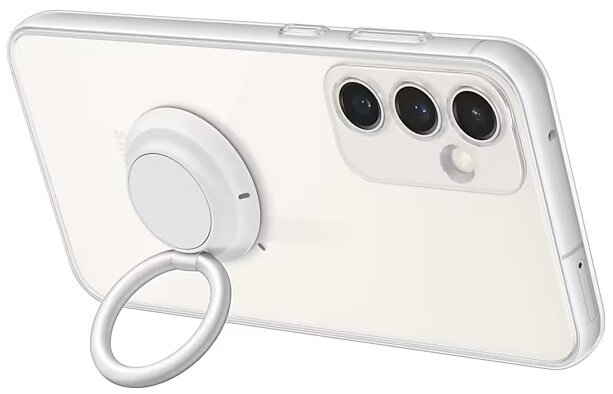 Biały telefon z aparatem i uchwytem na pierścień. Telefon jest w przezroczystym etui.