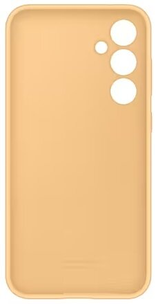 Jasnopomarańczowe etui na telefon z trzema otworami na aparat i gładką powierzchnią.