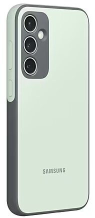 Jasnozielone etui na telefon z szarymi akcentami. Etui ma wycięcie na aparat i logo Samsung.