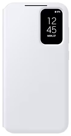 Białe etui na telefon z czarnym wyświetlaczem. Pokazuje czas i baterię.