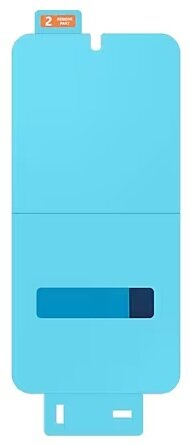 Jasnoniebieska osłona ekranu w opakowaniu. Opakowanie jest otwarte z etykietą na górze.