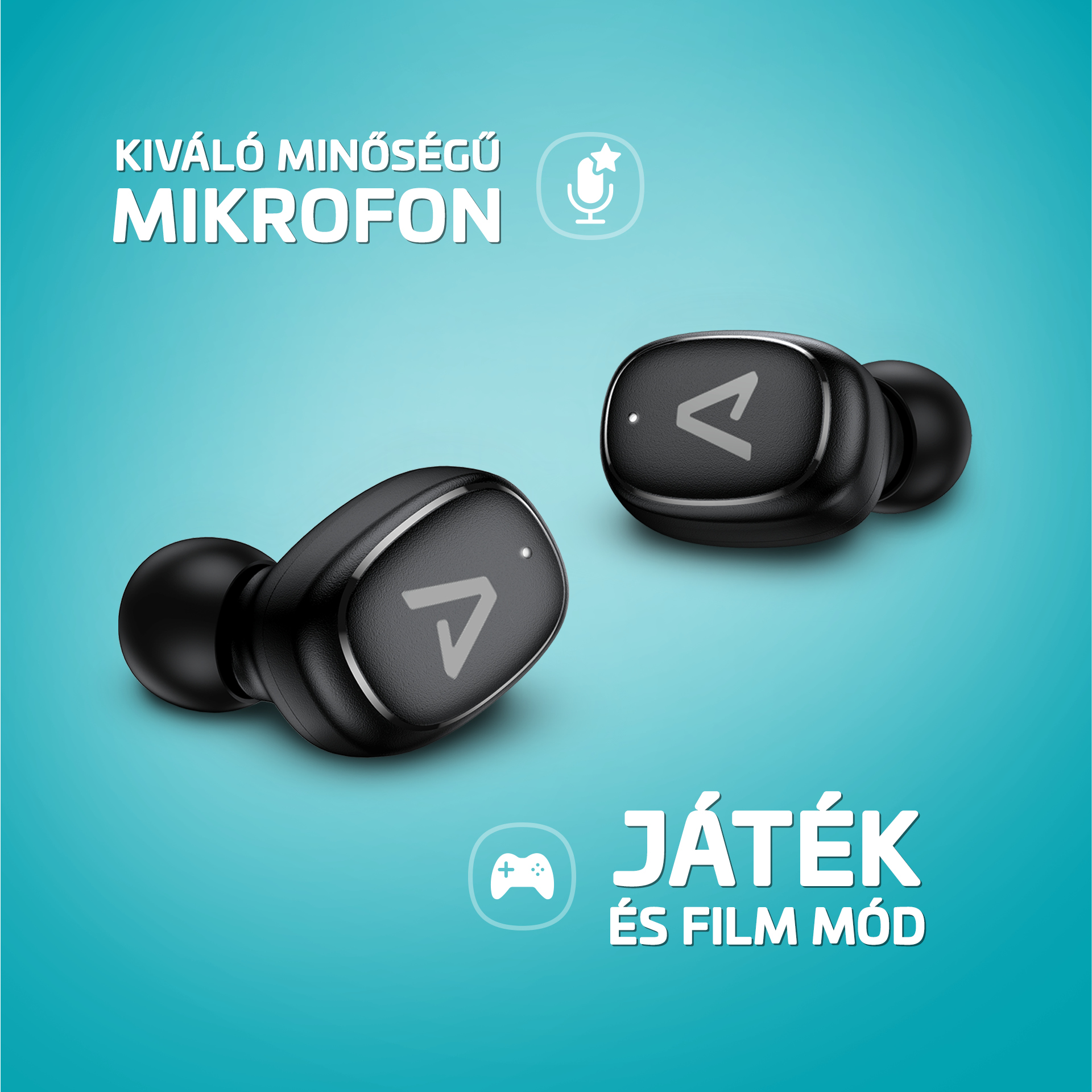 Két fekete fülhallgató a 'KIVÁLÓ MINŐSÉGŰ MIKROFON' és a 'JÁTÉK ÉS FILM MÓD' felirattal.