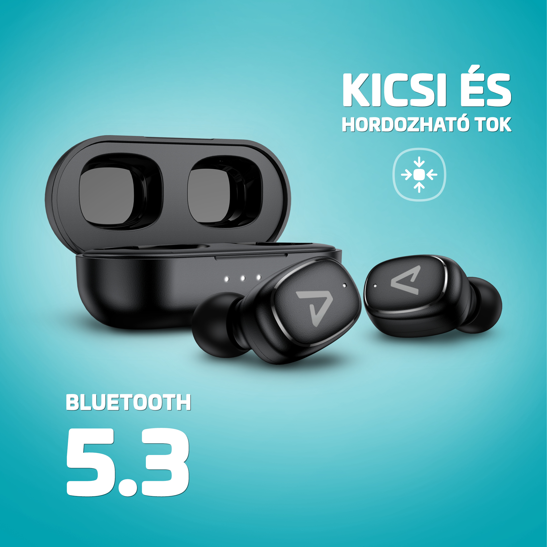 Fekete vezeték nélküli fülhallgatók és töltőtok. Szöveg: Bluetooth 5.3. A tokon és a füleseken logó van.
