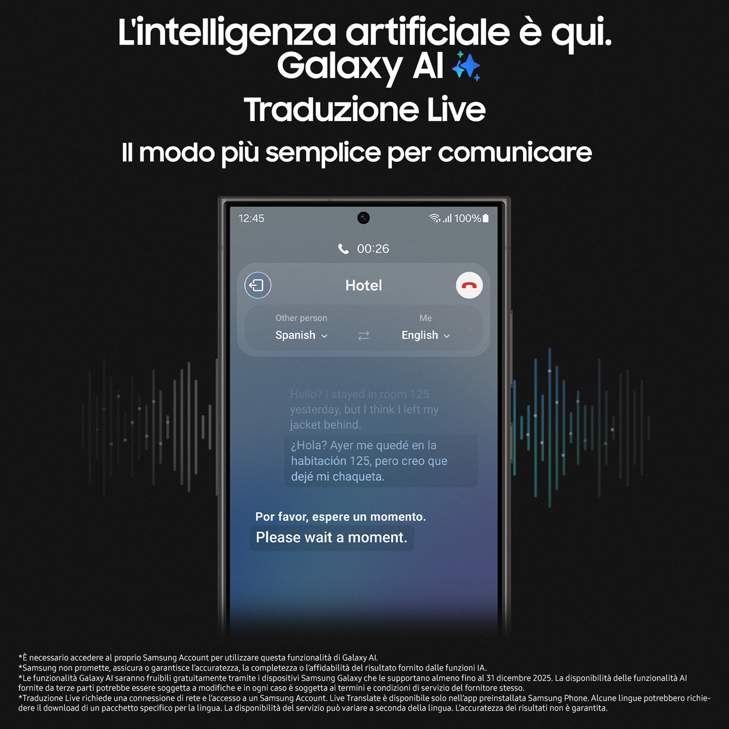 Uno schermo del telefono mostra una conversazione di traduzione. Lo sfondo è una camera d'albergo.