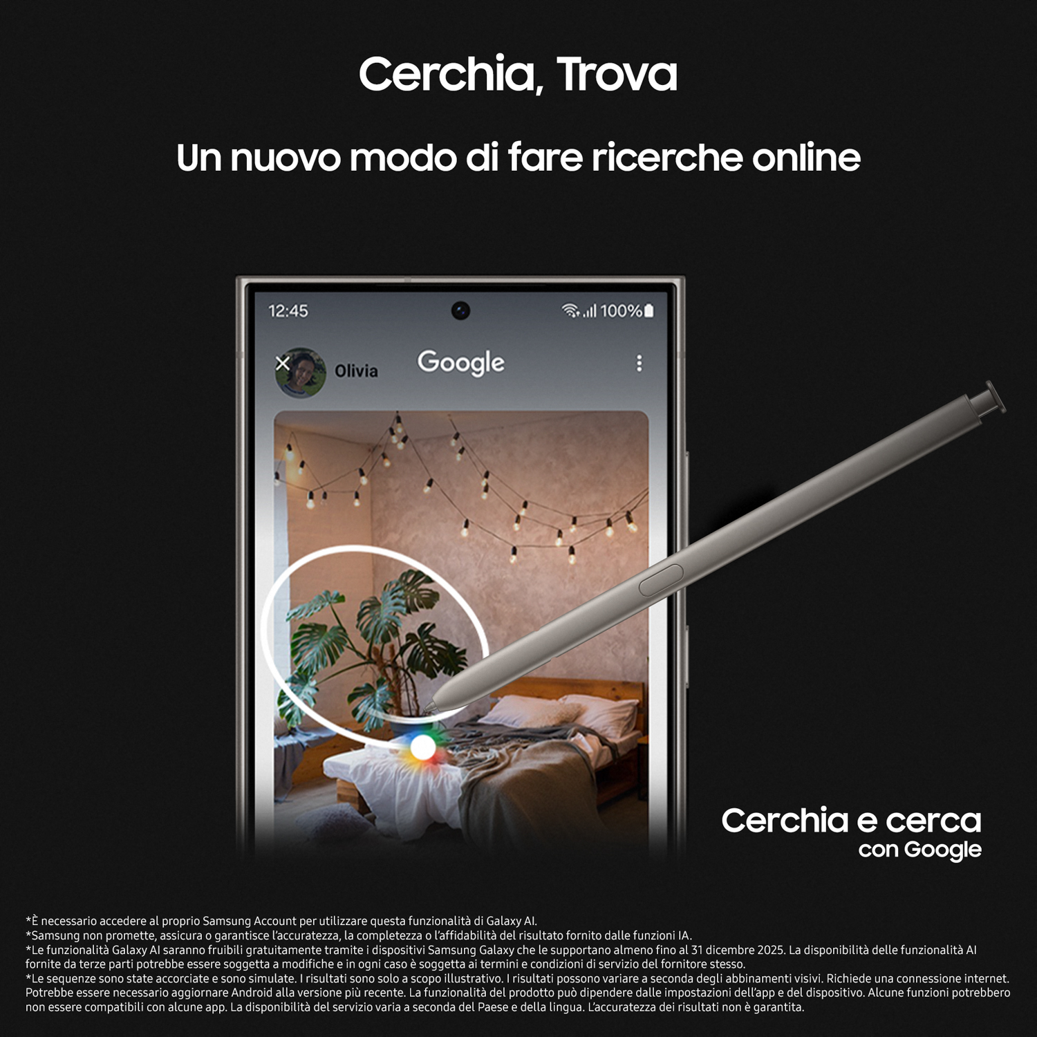 Smartphone con pennino. Interfaccia di ricerca Google. Testo: Cerchia, Trova. Un nuovo modo per cercare.