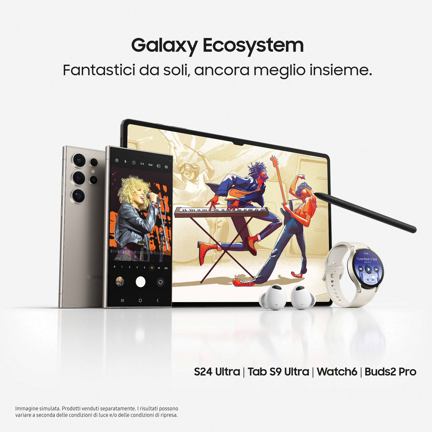 Ecosistema Samsung Galaxy con telefono, tablet, auricolari e orologio.