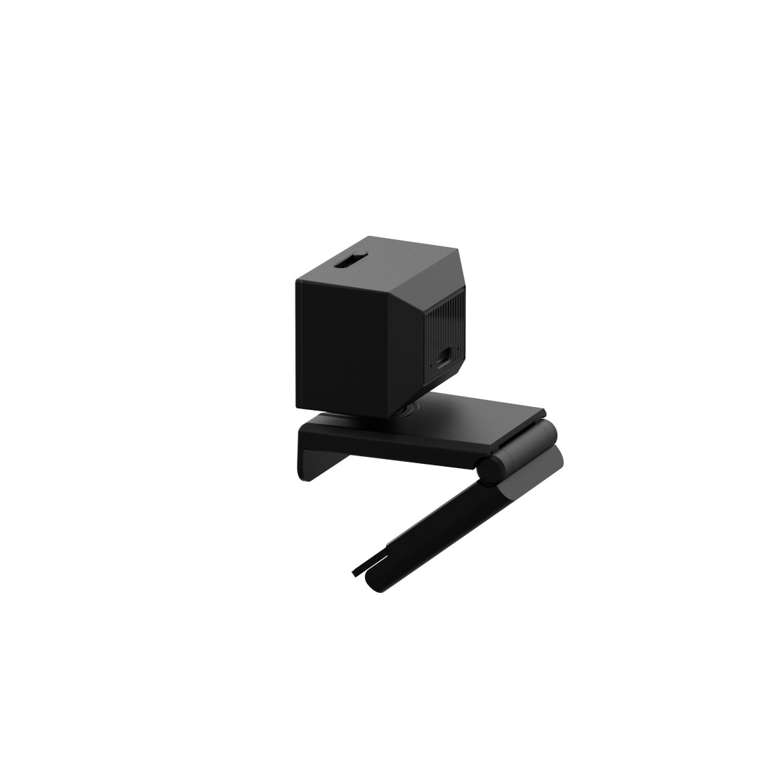 Eine schwarze Webcam auf einem schwarzen Ständer, nach unten abgewinkelt. Weißer Hintergrund. Rechteckiges Design.