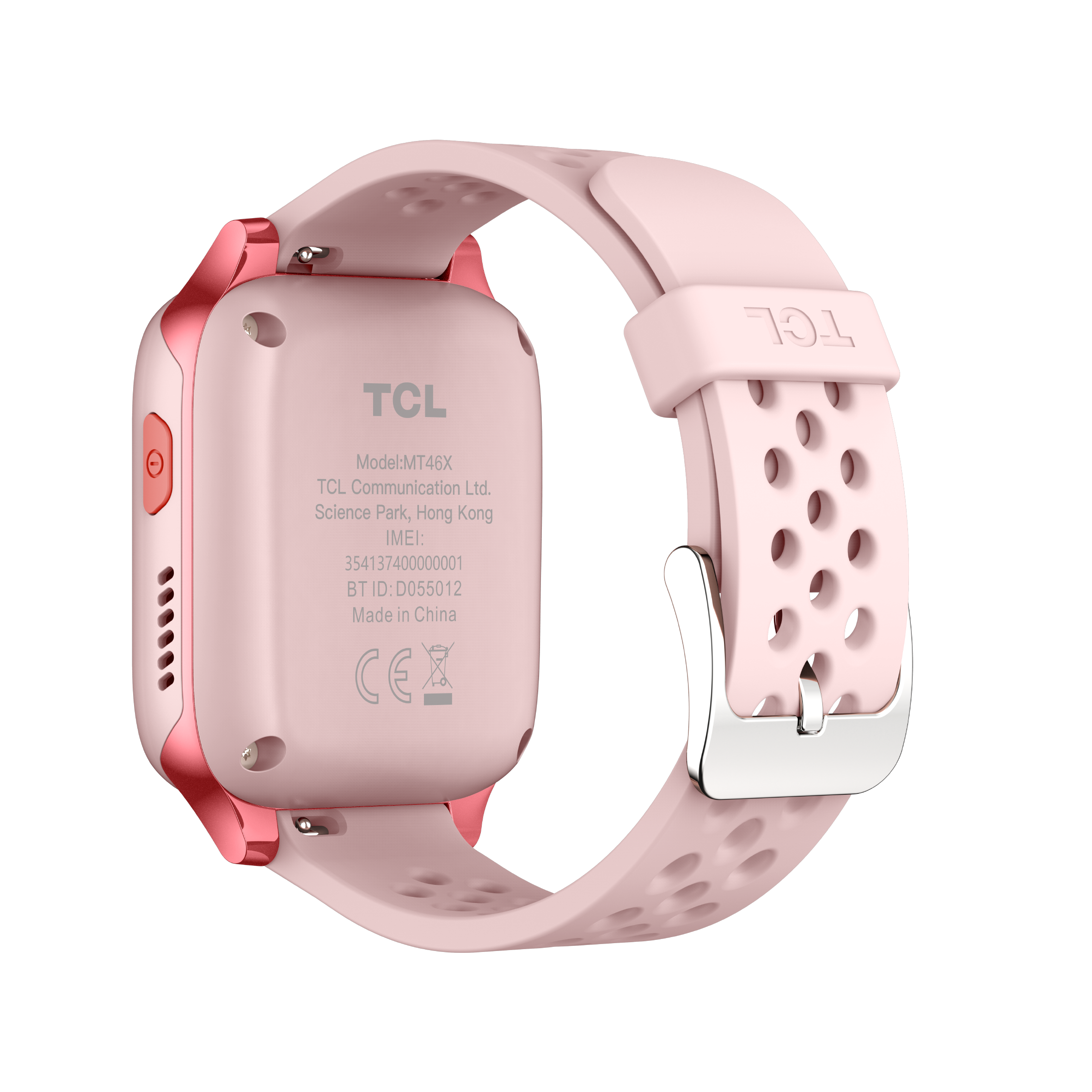Pembe kayışlı ve metal tokalı pembe TCL çocuk akıllı saati.