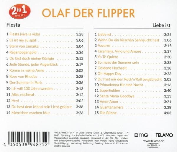 CD-Cover. Titelliste der Songs von Olaf der Flipper. Enthält Songtitel und -längen. BMG & Telamo Logos.