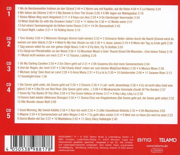 Rückseite einer CD-Hülle. Die Titelliste ist sichtbar. Die Hülle hat einen roten Rand.