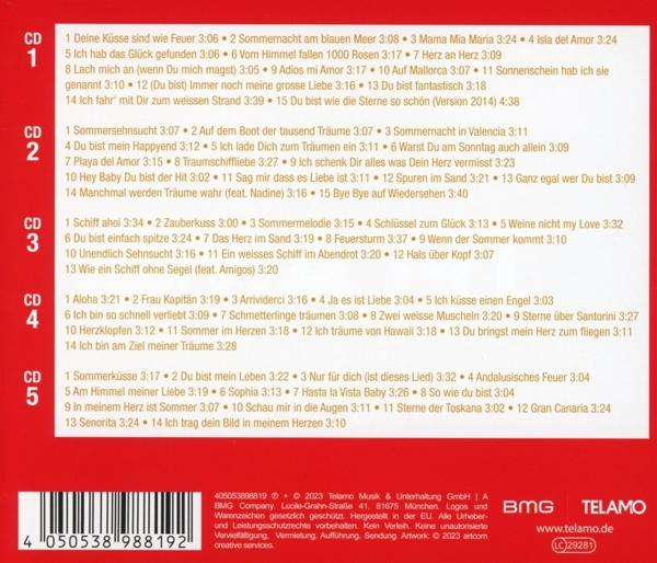 Rückseite einer CD mit Titellisten und Credits, roter Hintergrund und weißer Text.