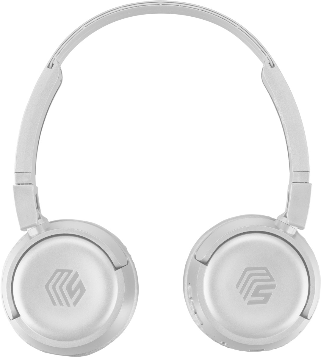 Casque blanc supra-auriculaire, vu de face. Les oreillettes ont un logo.