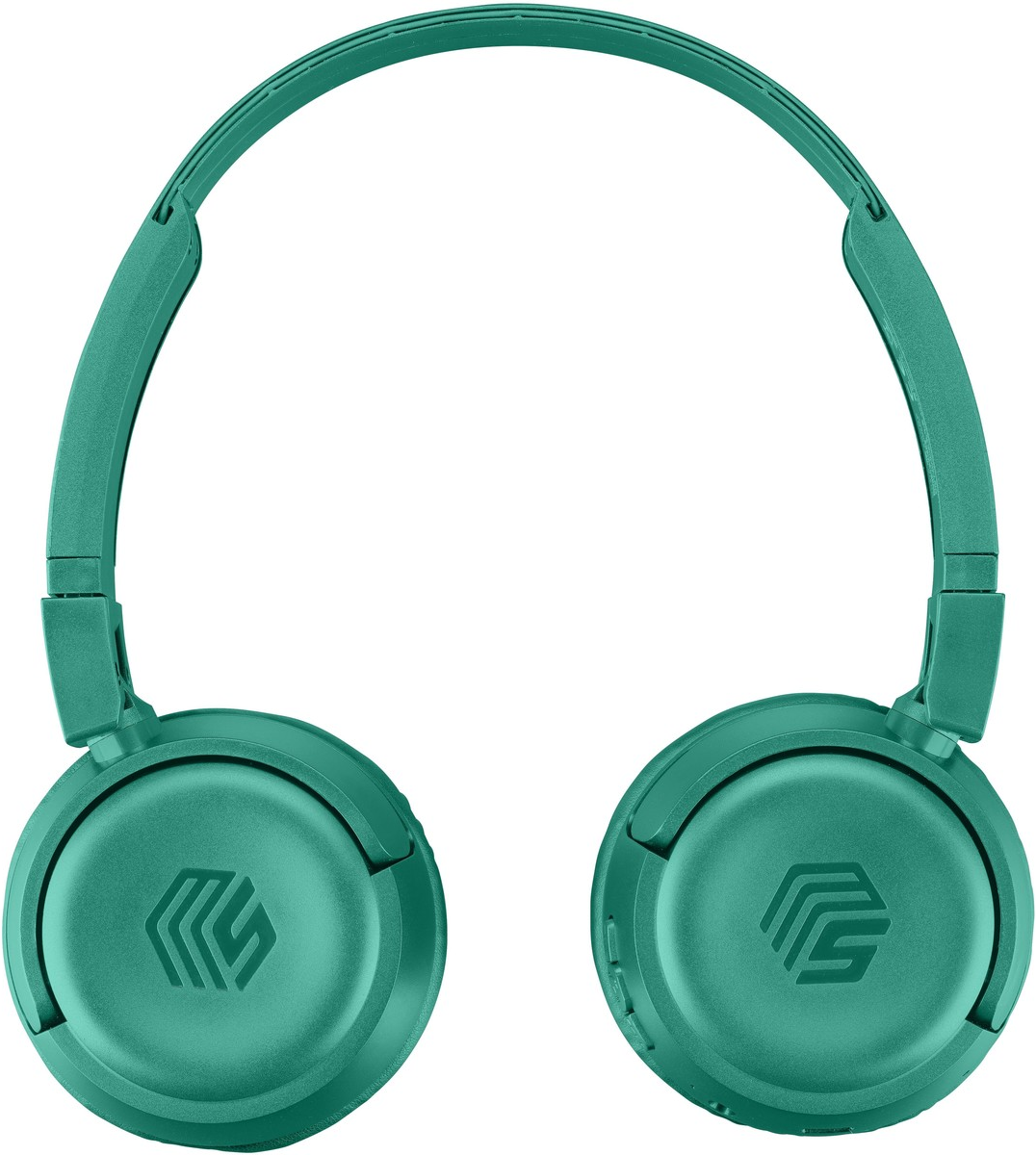 Casque teal avec un logo sur les oreillettes. Le fond est blanc uni.