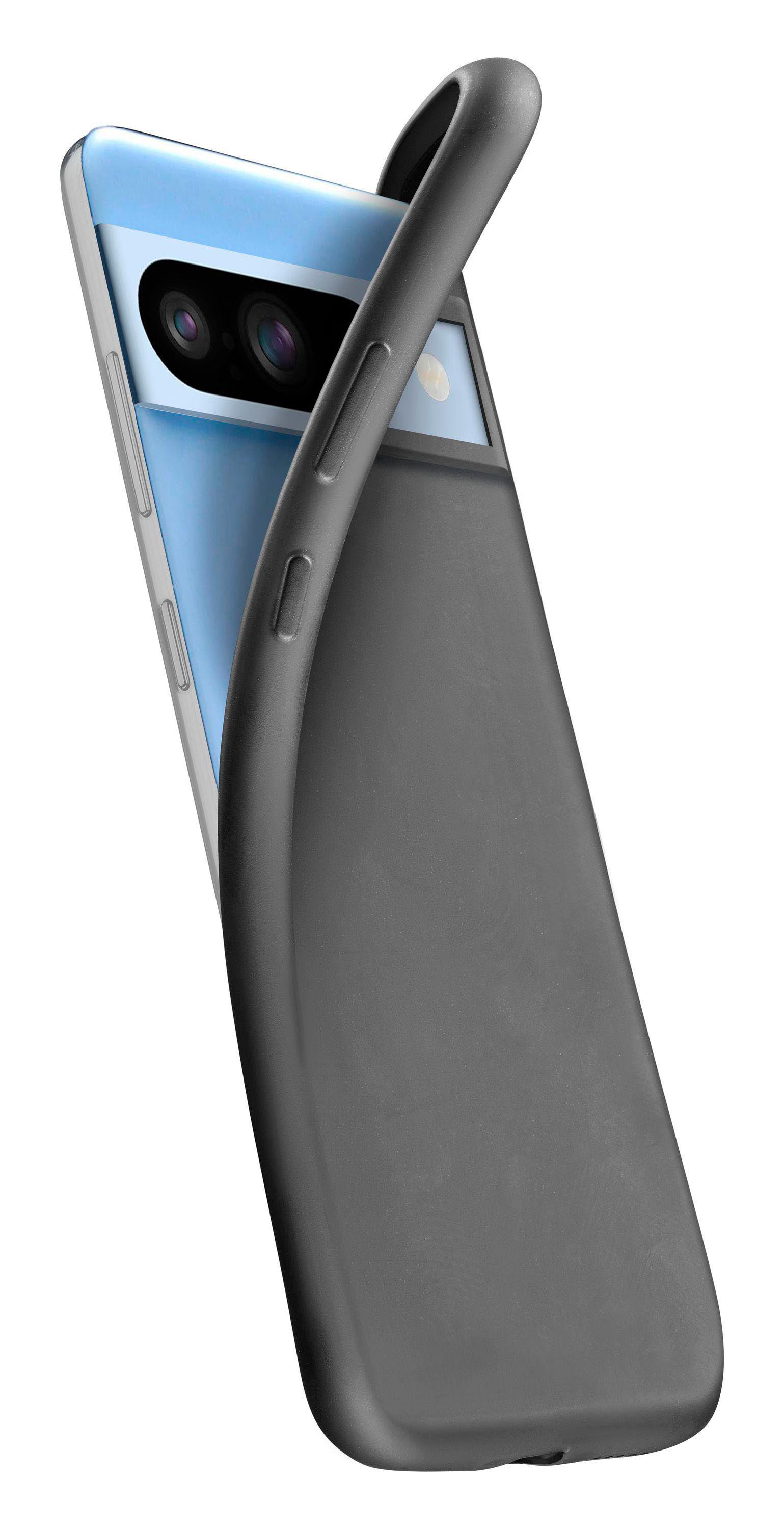 Ein Telefon mit einer halb geöffneten schwarzen Hülle, das ein blaues Telefon zeigt. Weißer Hintergrund.