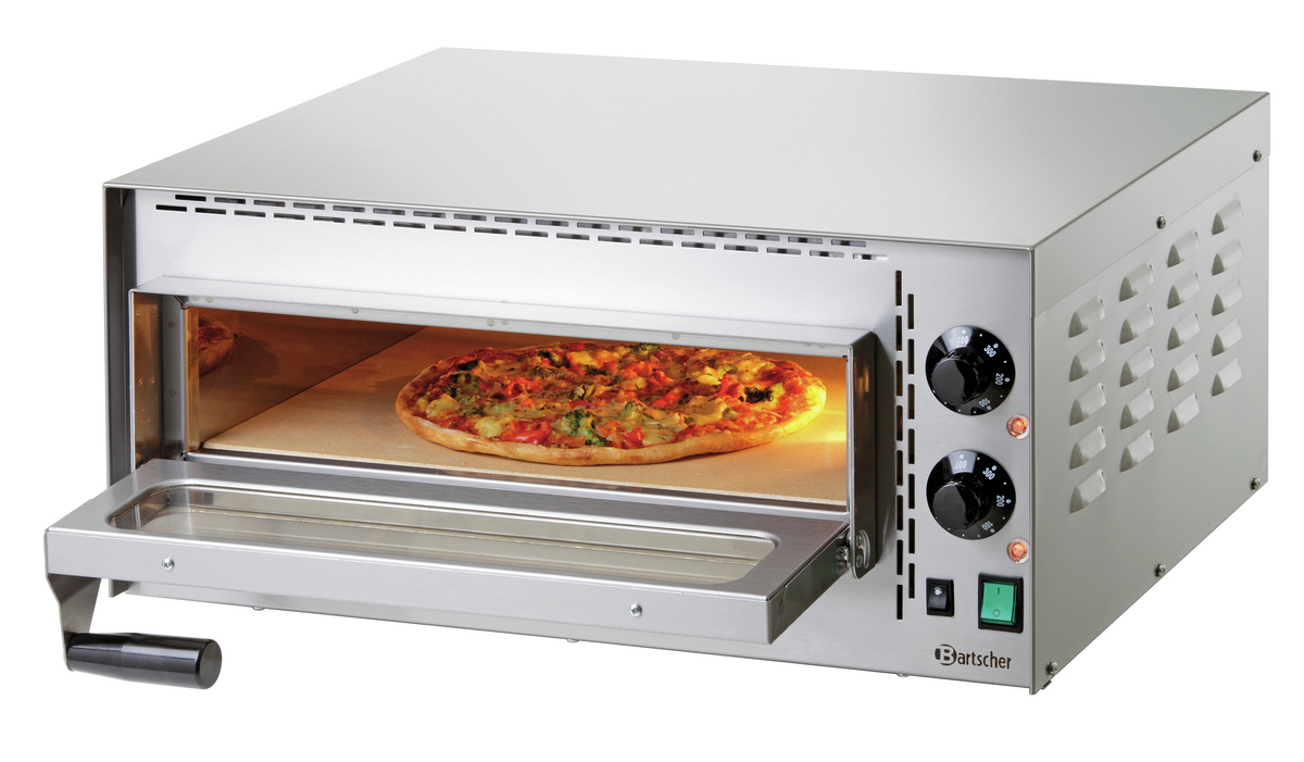 Edelstahl-Pizzaofen mit offener Tür, zeigt Pizza auf einem Backstein.