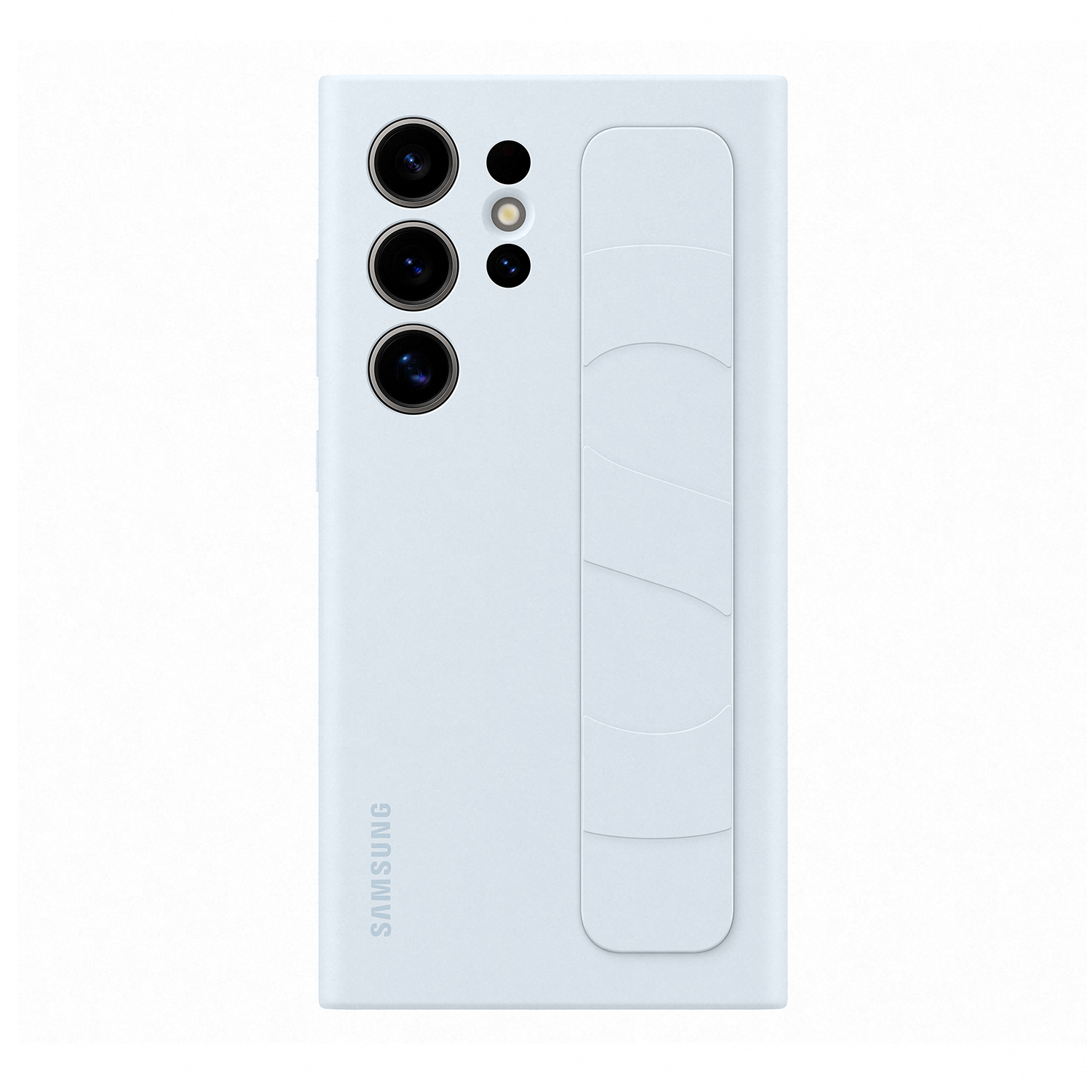 Retro di un telefono Samsung azzurro con tre fotocamere e supporto bianco, sfondo bianco.