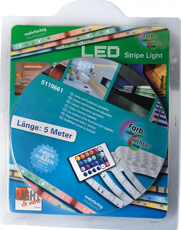 Kit di strisce luminose a LED in confezione. Include telecomando e strisce luminose che cambiano colore.