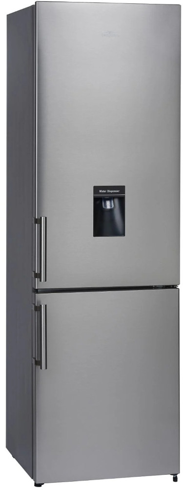 Silver refrigerator with a water dispenser, with handles and doors.
