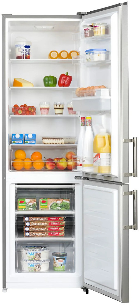 Open refrigerator with food items visible on shelves: fruit, vegetables, dairy, and drinks.