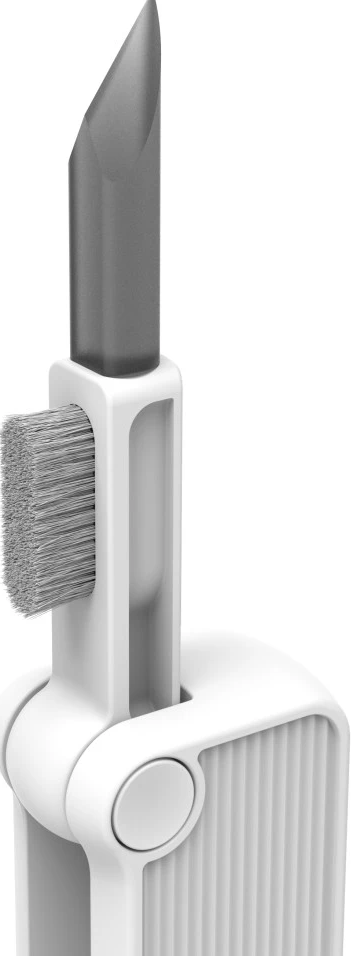 Outil de nettoyage blanc avec brosse et extrémité pointue, vue en angle, fond blanc.