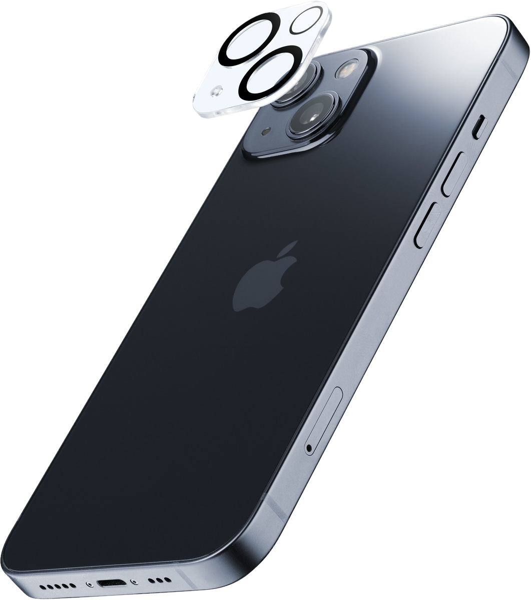 Schwarzes Telefon mit Kameralinsenabdeckung. Apple-Logo auf der Rückseite. Silberner Rahmen. Drei Kameralinsen.