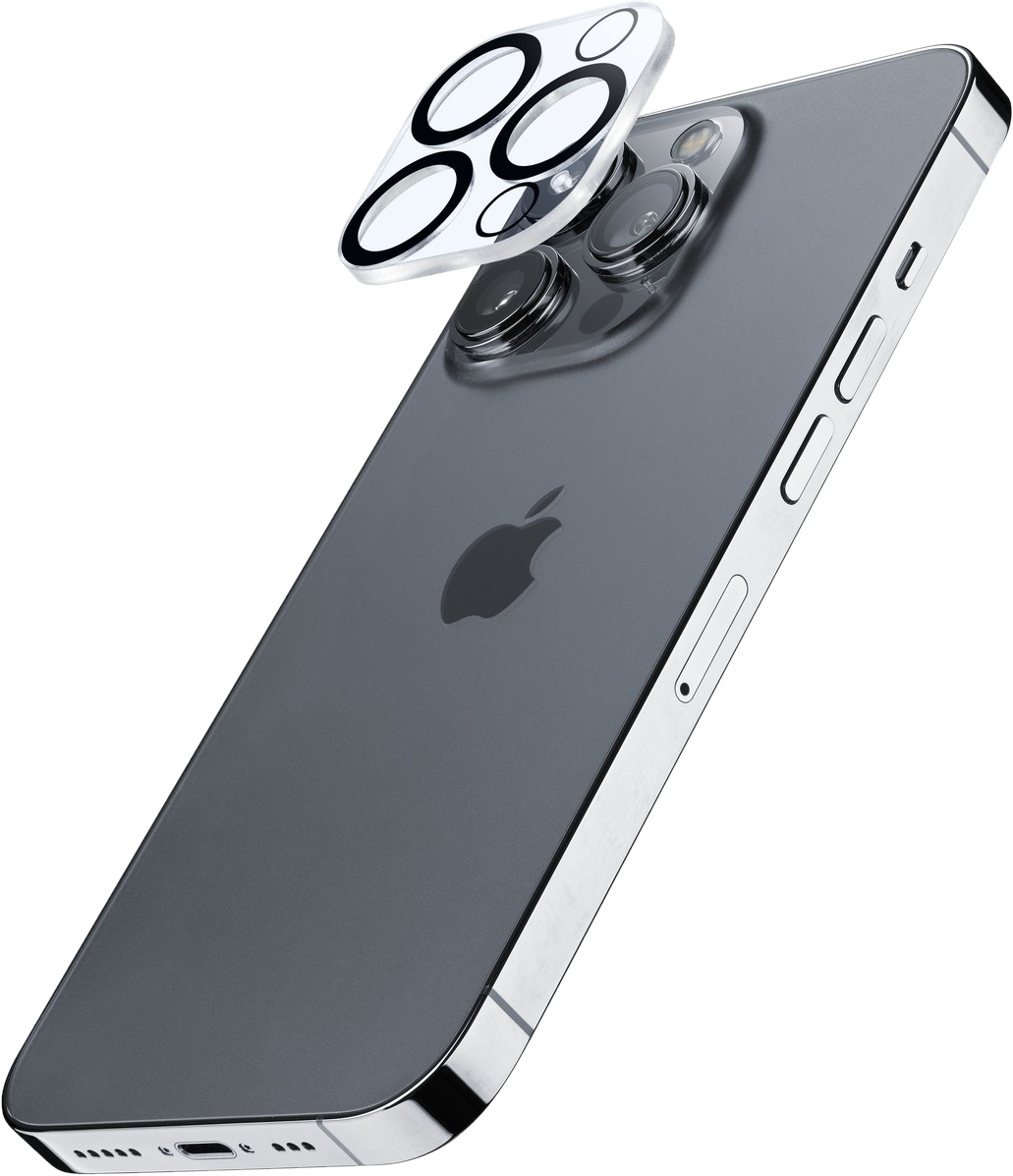 Dunkelgraues Smartphone mit vierfachen Kameraobjektiven und einem Schutzglas.