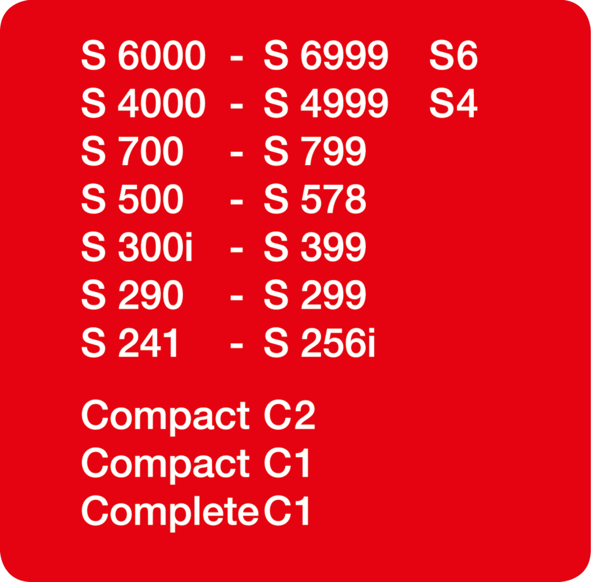 Roter Hintergrund mit weißem Text, der Staubsaugermodelle auflistet. S, C und Complete sind sichtbar.