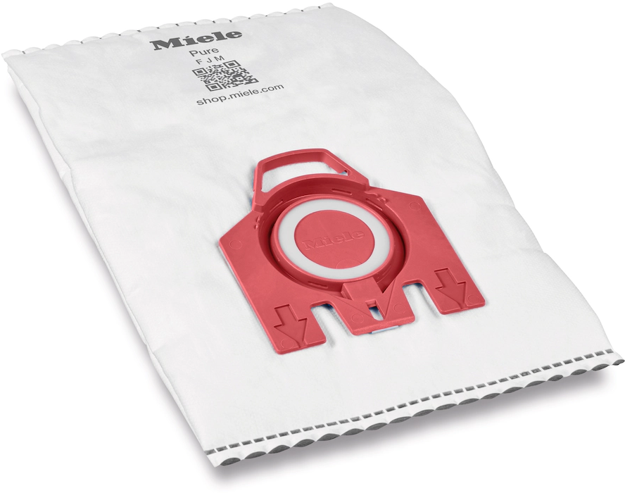 Weißer Staubsaugerbeutel mit rotem Kunststoffhalter. Miele-Logo sichtbar. Weißer Hintergrund.