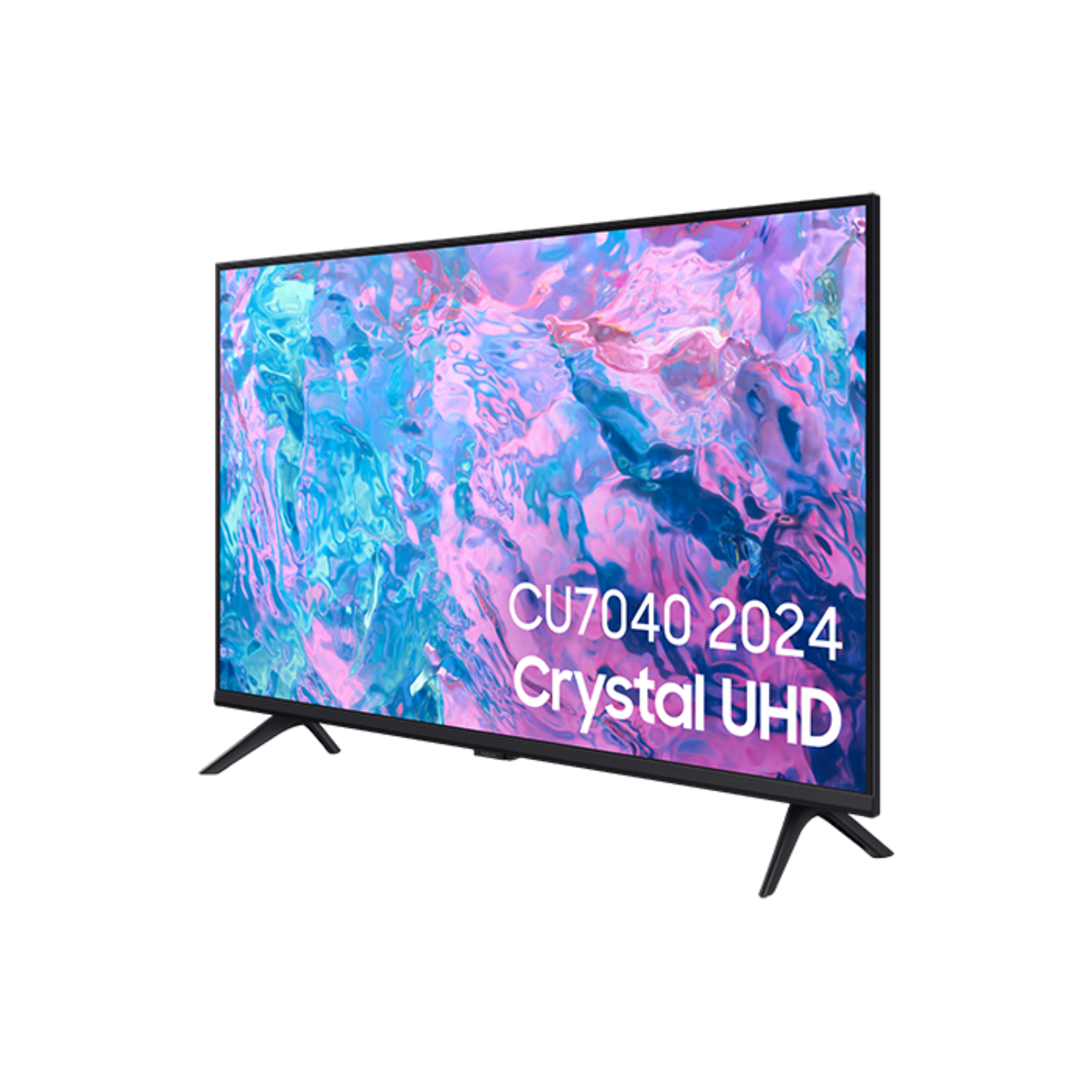 Zwarte tv met kleurrijke abstracte afbeelding en tekst, 'CU7040 2024 Crystal UHD'.