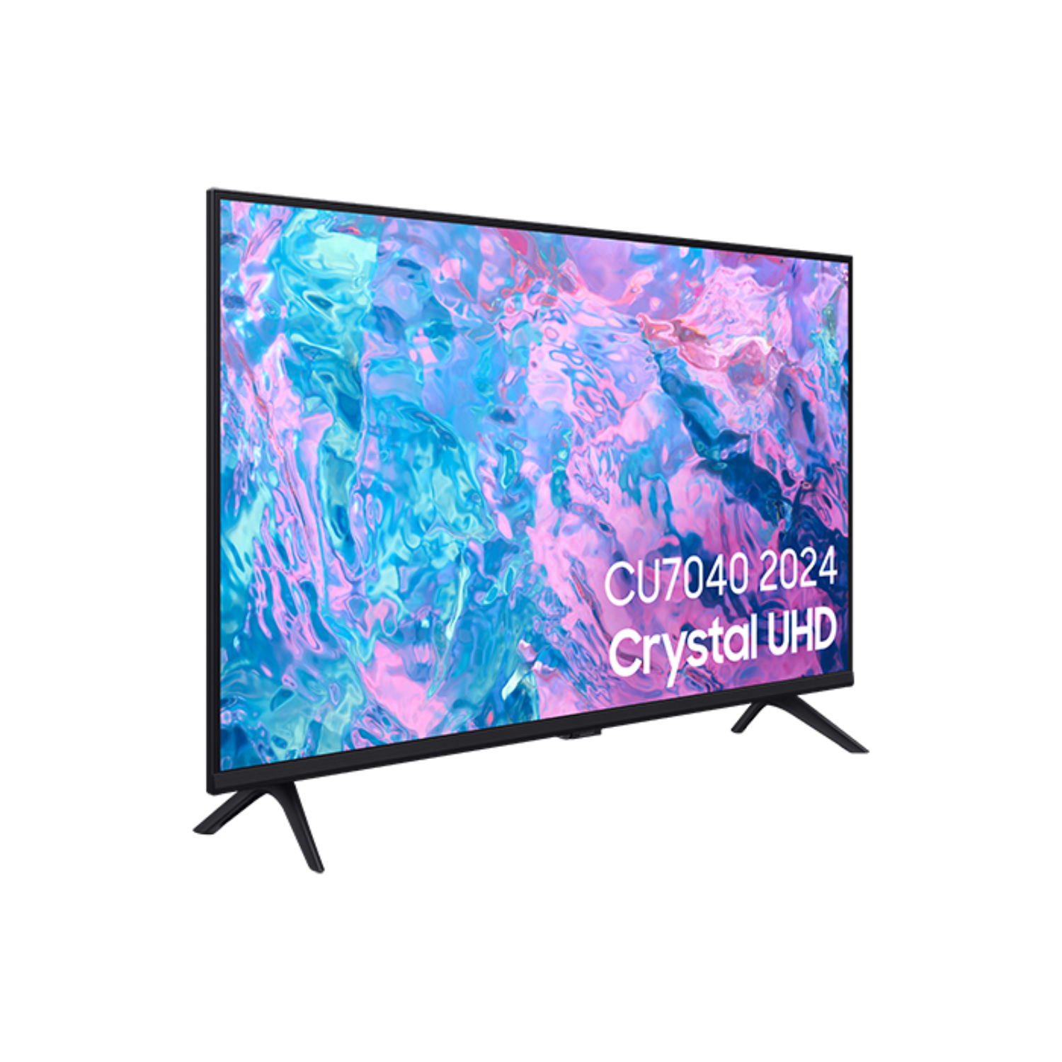 Televisie op standaard, zwart frame, kleurrijk scherm, zwarte achtergrond.