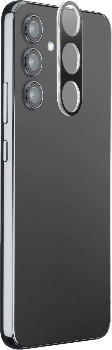 Ein schwarzes Telefon mit drei Kameralinsen und einem silbernen Rahmen um die Linsen.