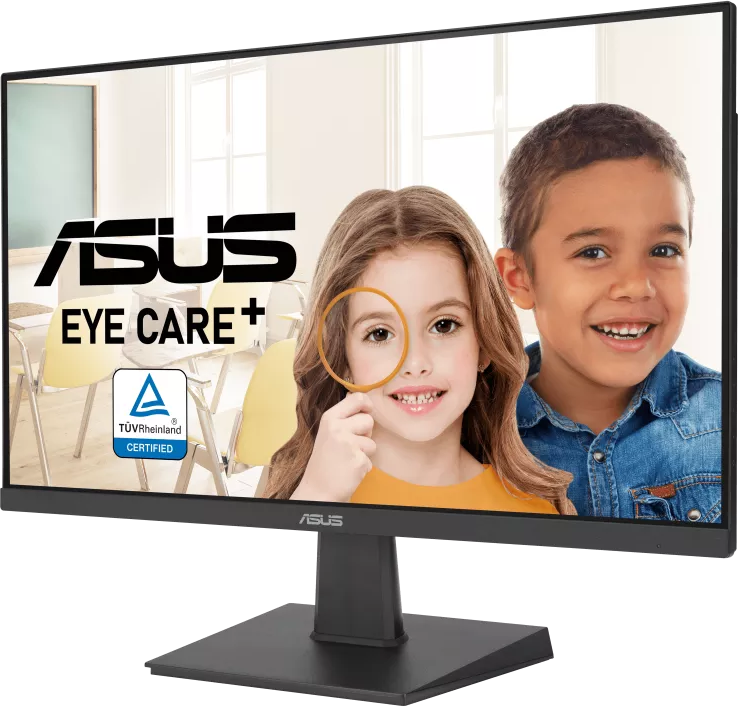 Monitor két gyerekkel, akik a képernyőt nézik, az ASUS szóval és szemápolási tanúsítvánnyal.
