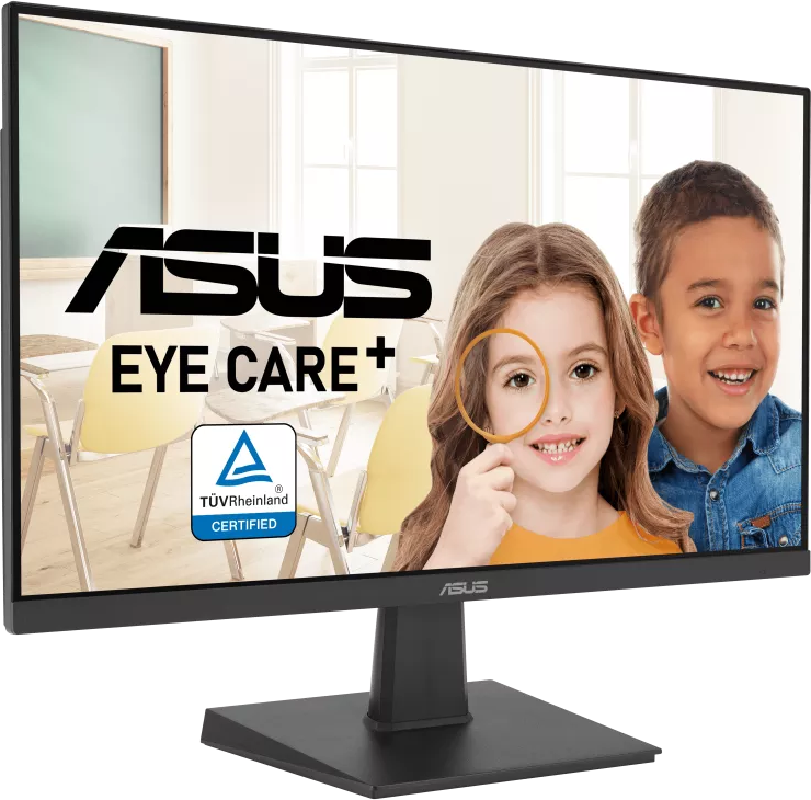 ASUS monitor gyermekeket mutat szemápolási logóval. Osztálytermi háttér. Fekete monitor keret.
