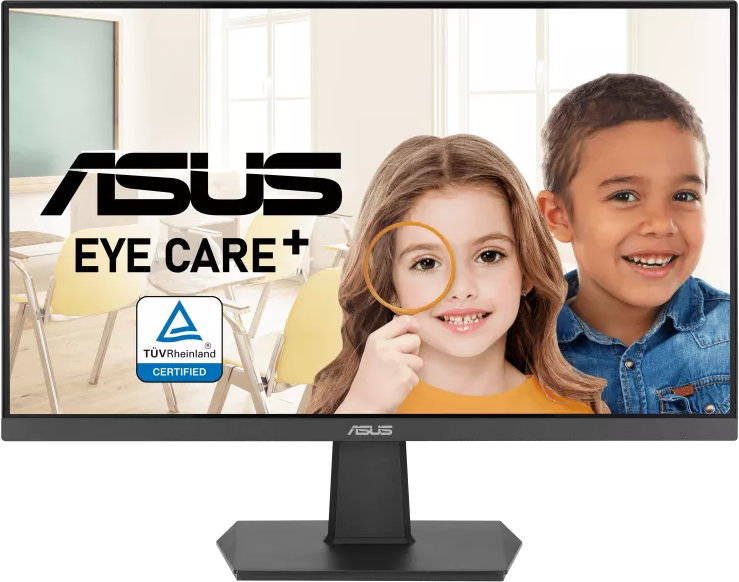 ASUS monitor gyerekek arcával. Szöveg: EYE CARE+ és TÜV Rheinland minősített.