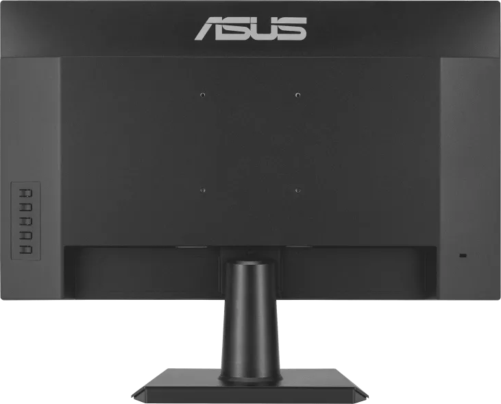 Fekete számítógép-monitor hátulnézete, látható ASUS logóval és portokkal.