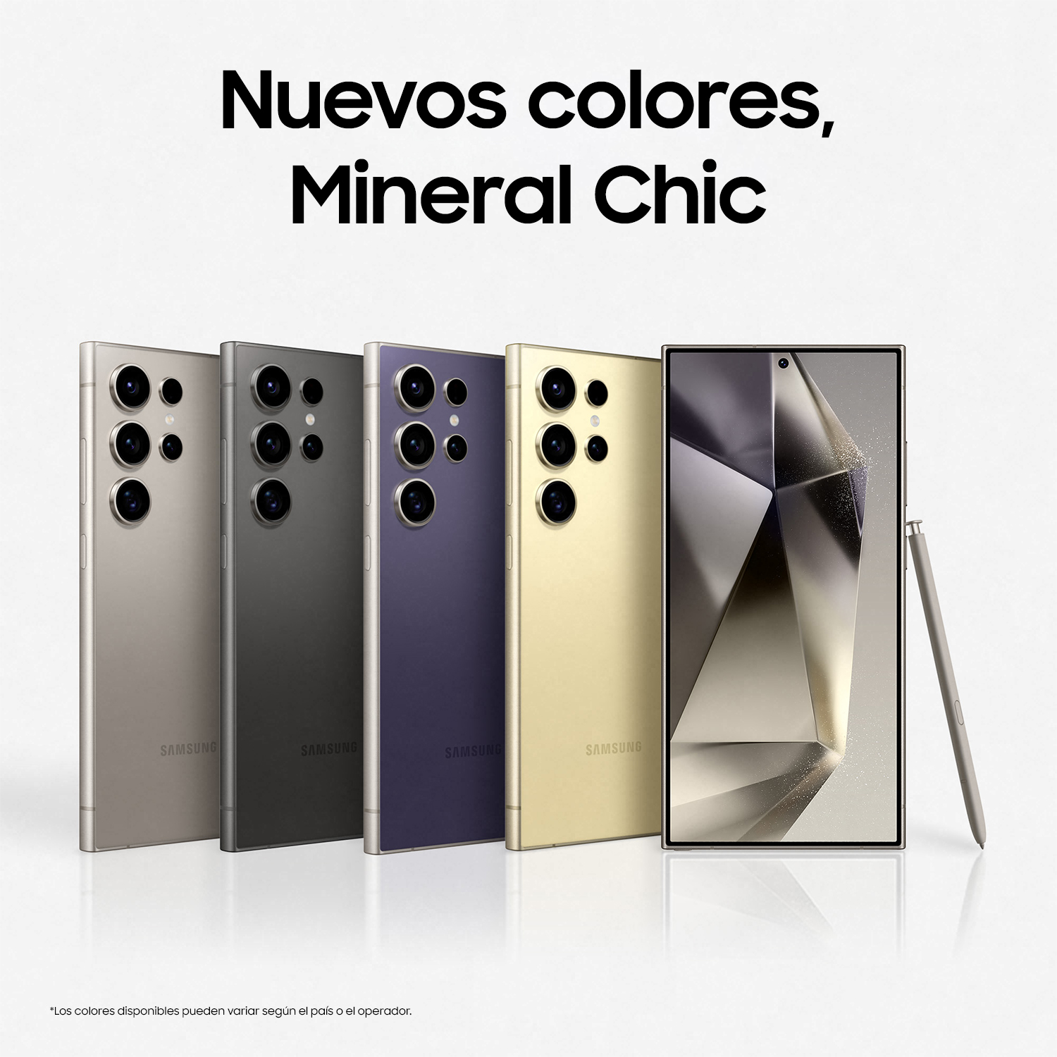 Cinco smartphones en diferentes colores. Los teléfonos tienen múltiples cámaras traseras y se muestran verticalmente.