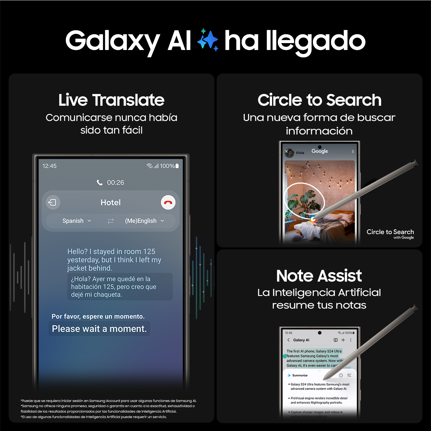 Tres pantallas de teléfono con texto e imágenes. Lápiz óptico visible. Textos en pantalla.