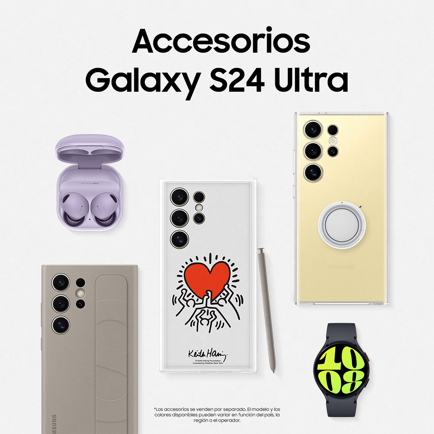 Accesorios para Samsung Galaxy S24 Ultra: auriculares, fundas, lápiz, reloj. Vista superior.