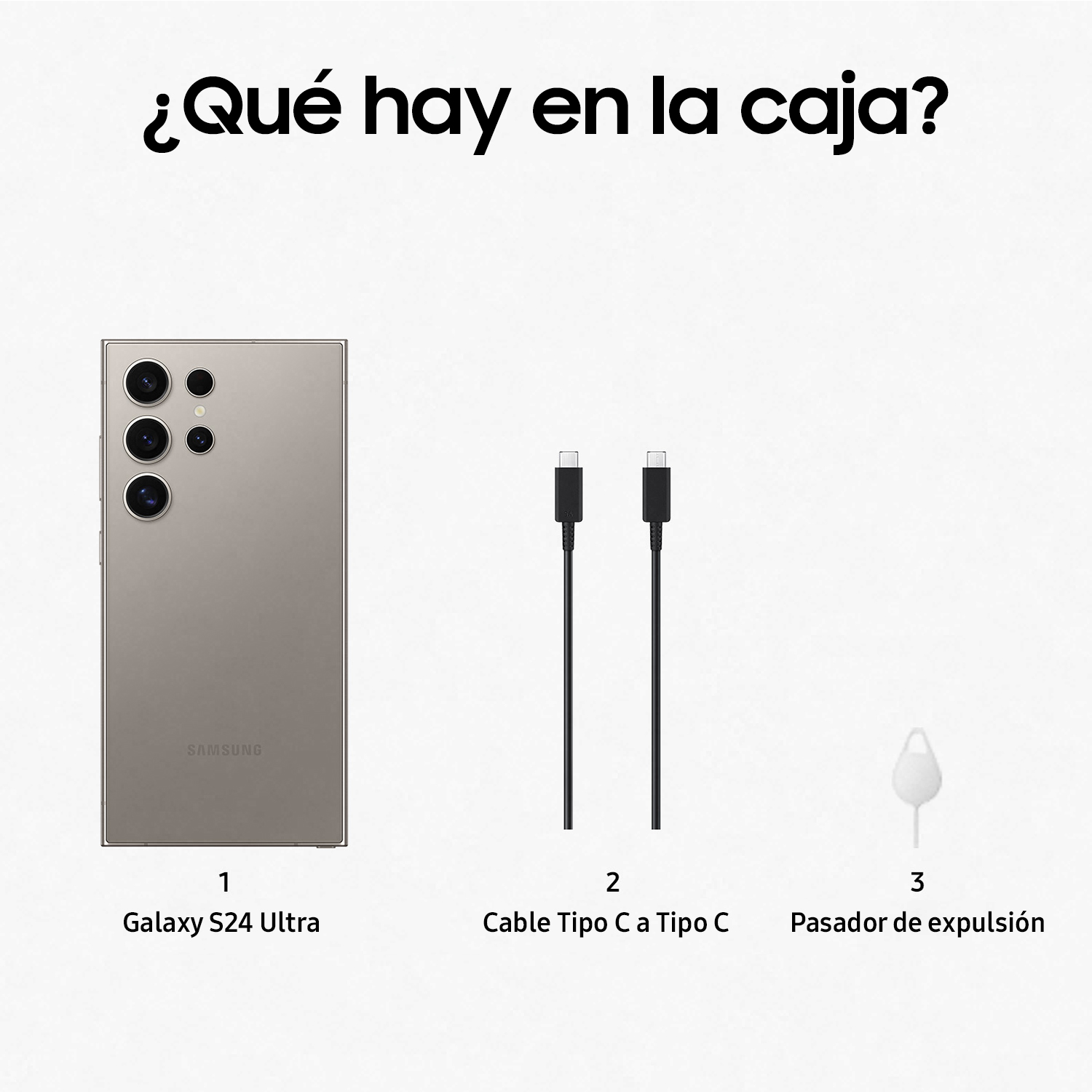 Caja con Galaxy S24 Ultra, cable y eyector SIM. Texto: '¿Qué hay en la caja?'