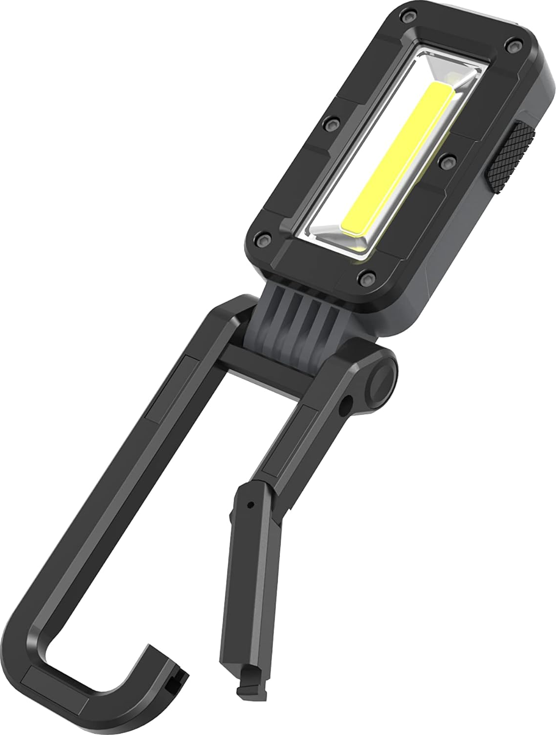 Schwarzes, faltbares Arbeitslicht mit Haken. Gelbes Licht emittierend. Weißer Hintergrund.