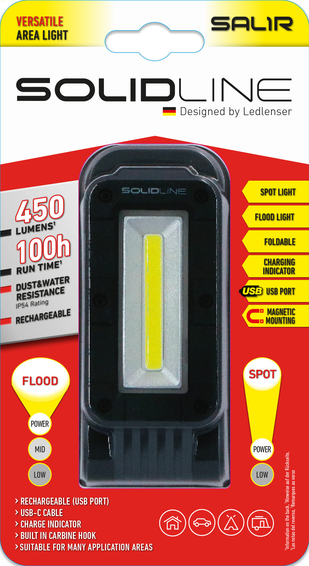 Ein schwarzes und rotes Solidline LEDLenser-Flächenlicht. Text auf der Verpackung beschreibt Funktionen.