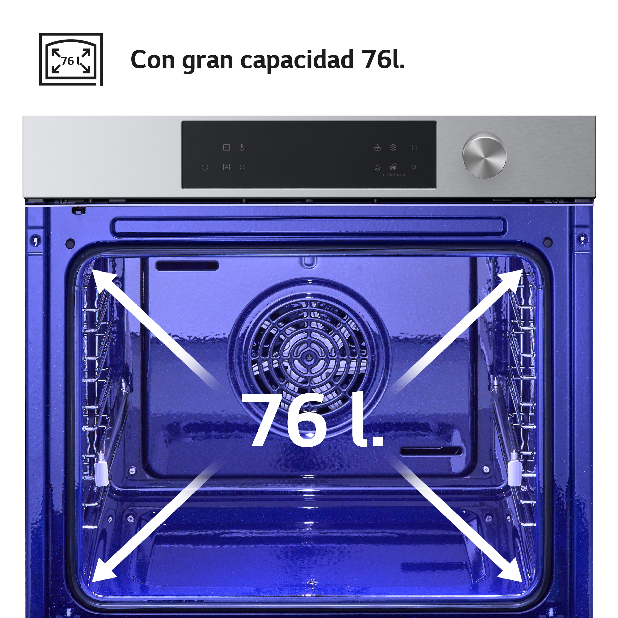 Horno abierto con interior azul, capacidad 76l. Panel de control arriba.