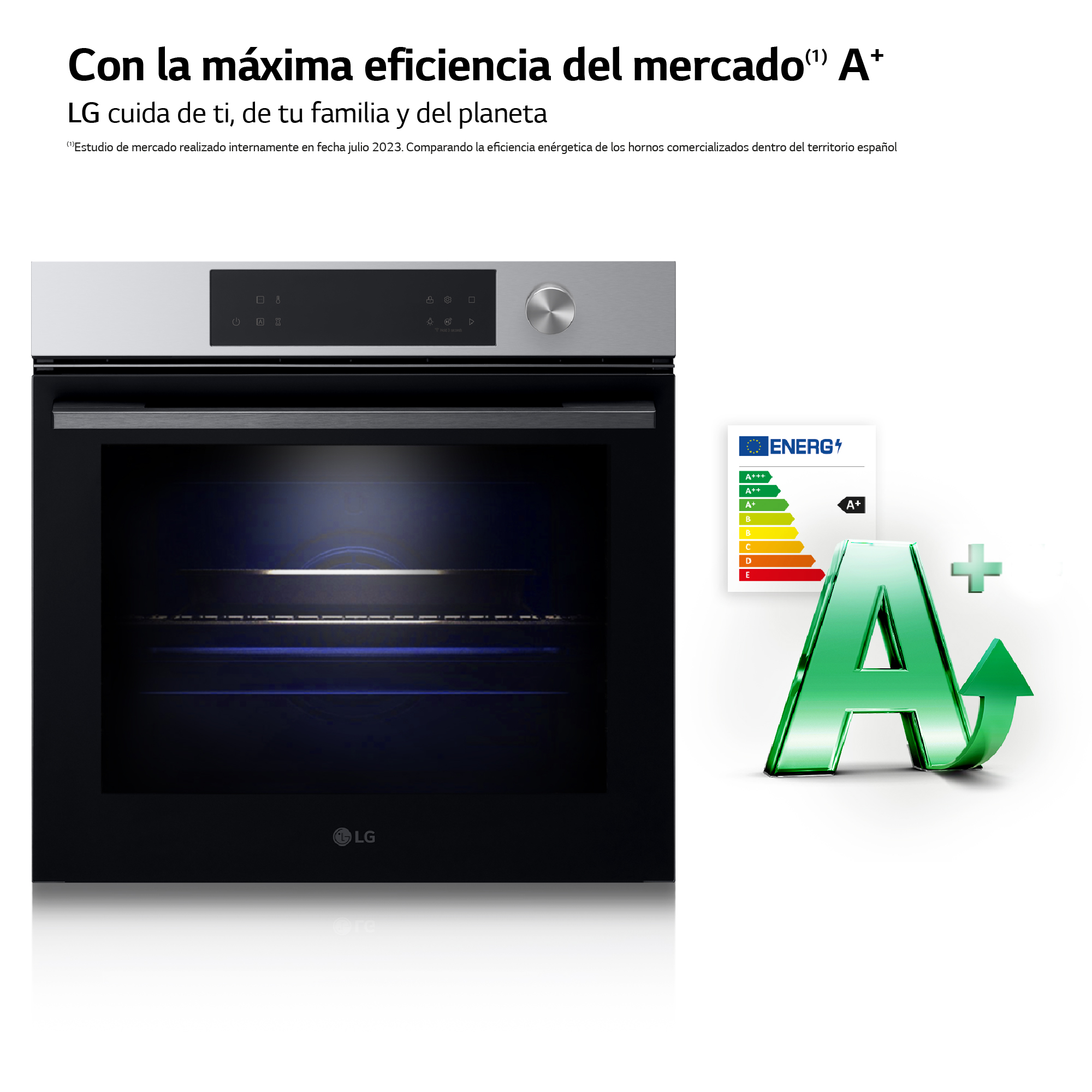 Un horno empotrado con etiqueta energética y símbolo A+ plus verde.