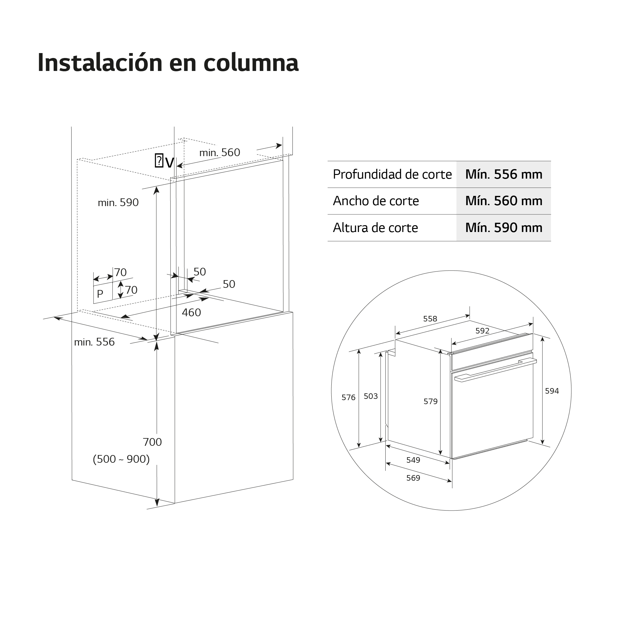 Un diagrama de instalación de horno con medidas y etiquetas. El título dice: Instalación en columna.