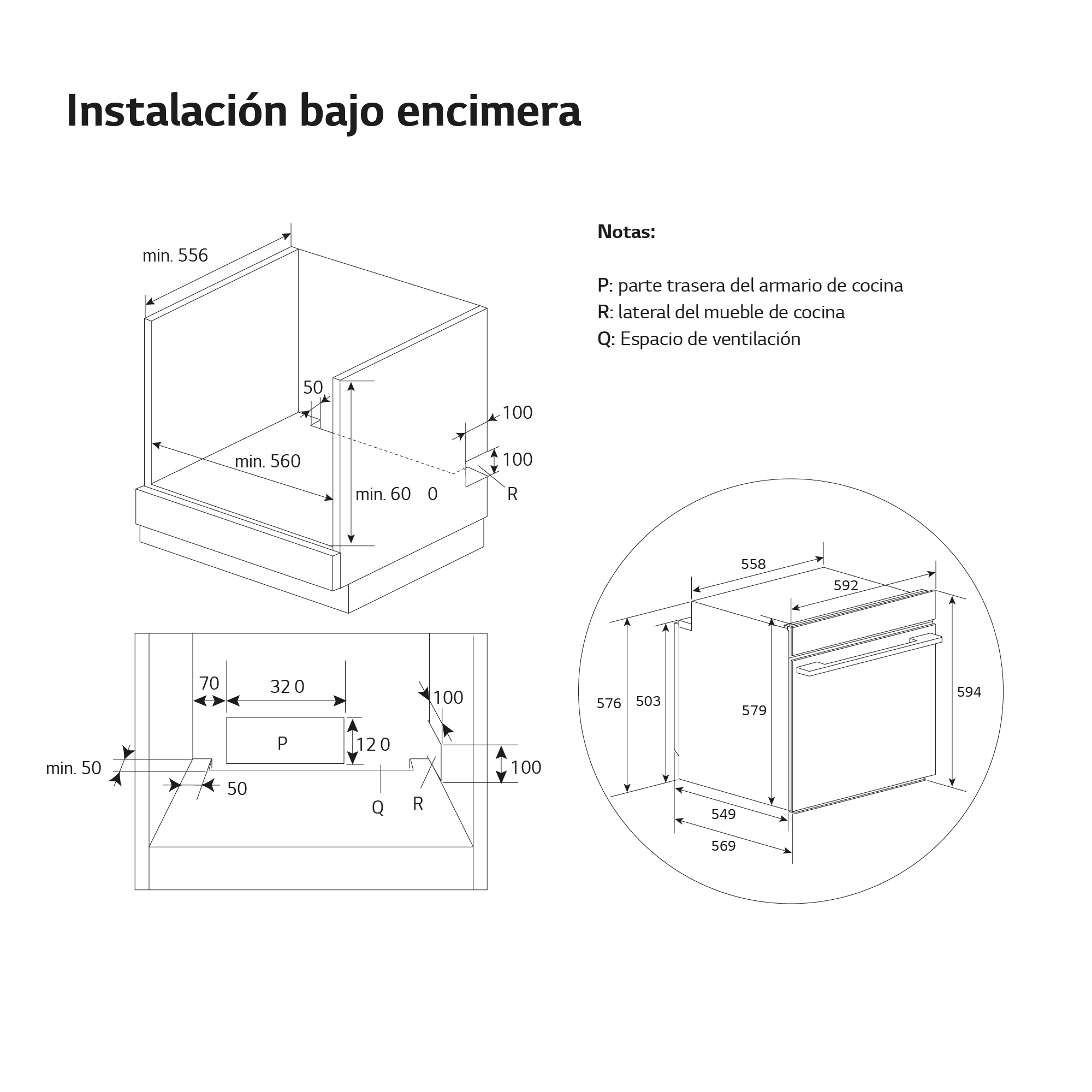 Diagrama de la instalación de un horno empotrado bajo una encimera, con medidas y notas.