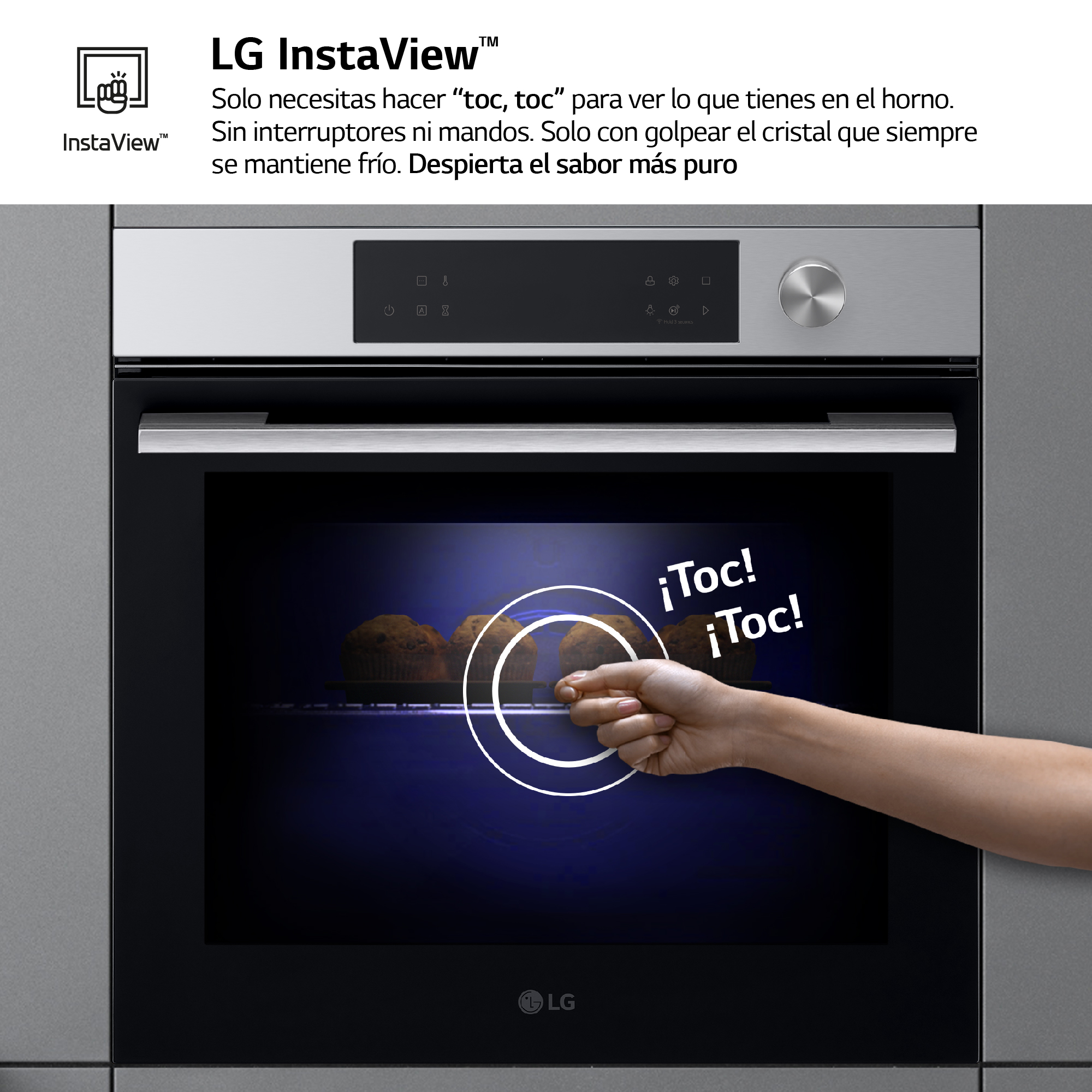 Horno LG con mano tocando la pantalla. Texto "¡Toc! ¡Toc!" visible.