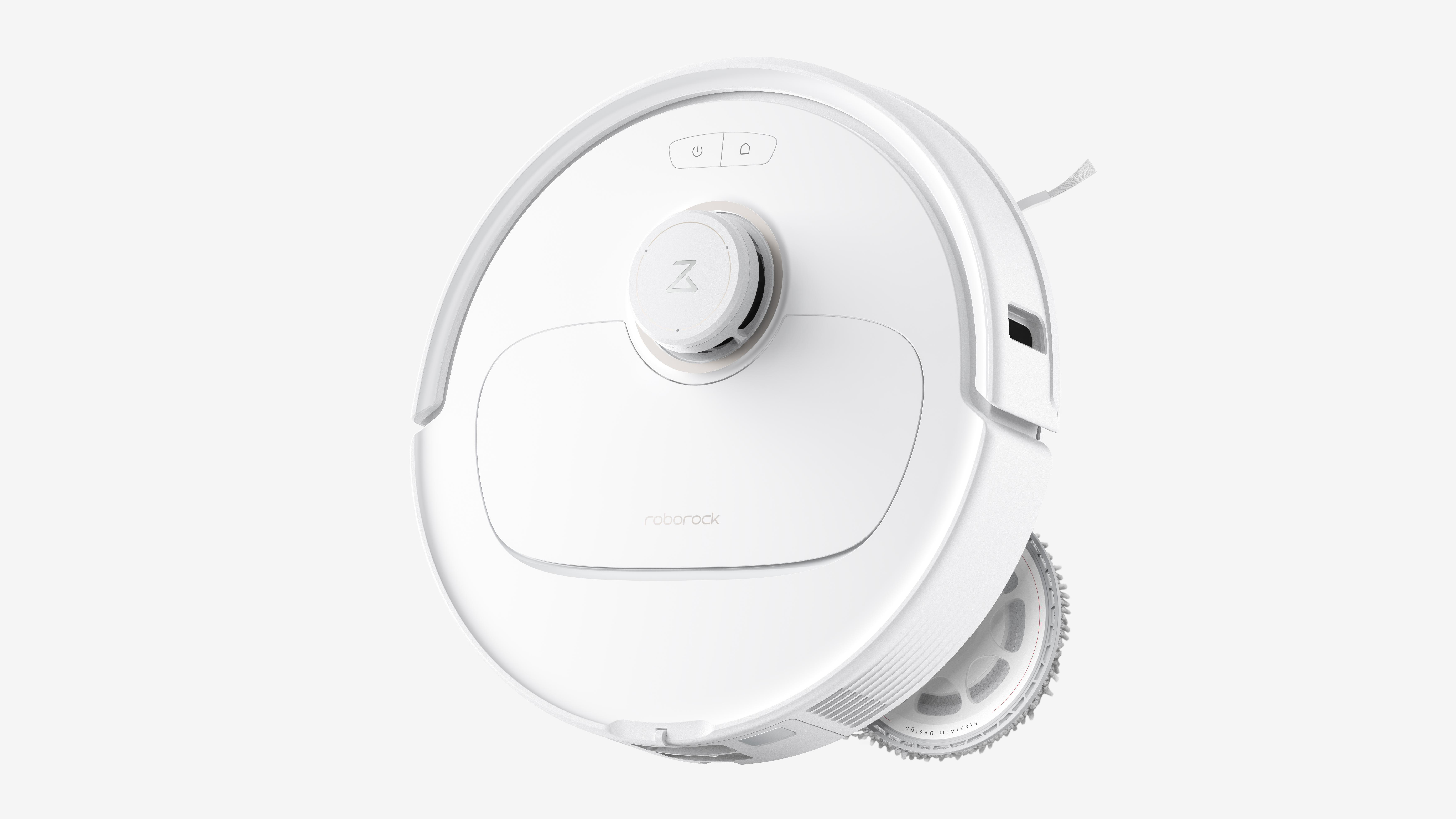 Ein weißer Roboter-Staubsauger auf einer weißen Oberfläche.
