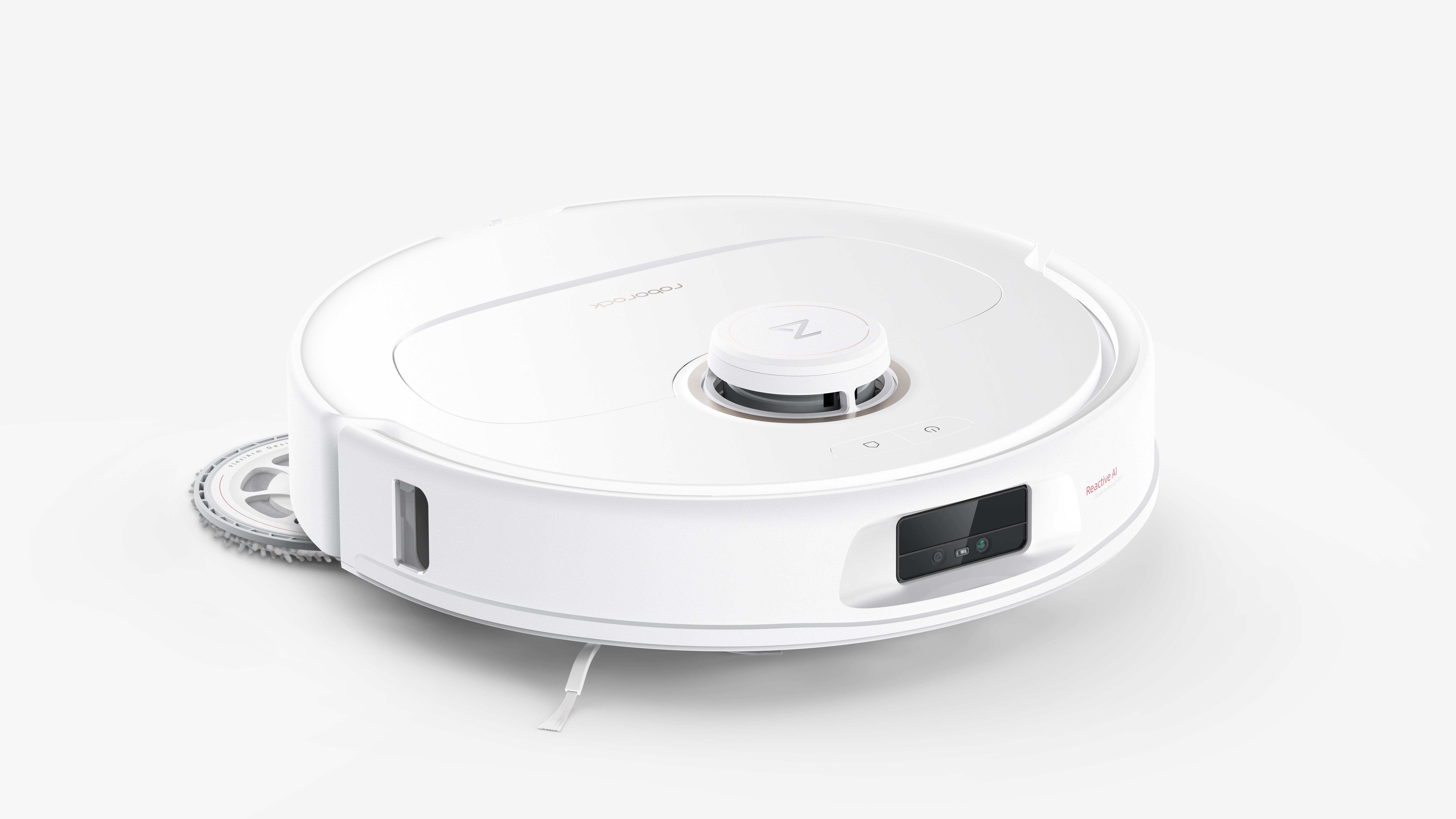 Weißer Roboter-Staubsauger auf weißem Hintergrund.
